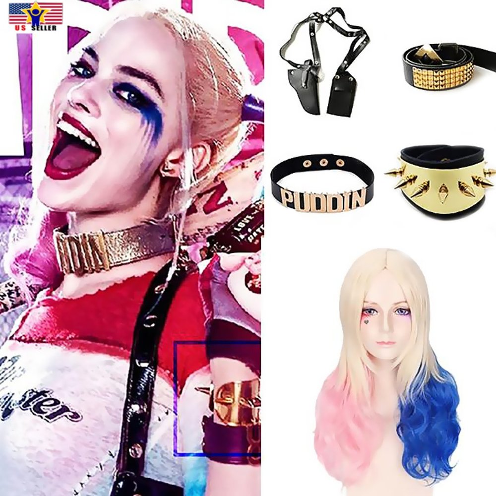 Harley Quinn Set : Wigs Necklace Bracelet Belt Holster Suicide Cosplay C